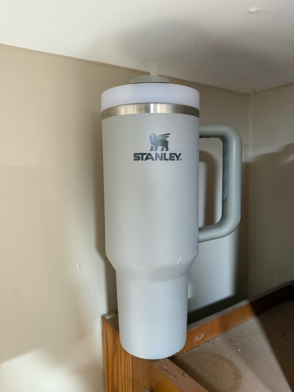Stanley White Travel Mug with Handle and Stainless Trim